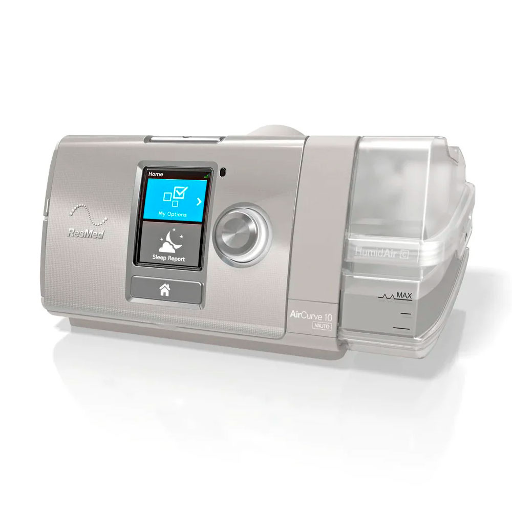 A CPAP machine with a digital display and water chamber.