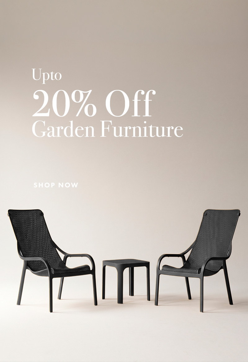 Upto 20 off garden furniture by Nardi outdoor - 2 net lounge chairs and a small accent net 40 table on a taupe background 