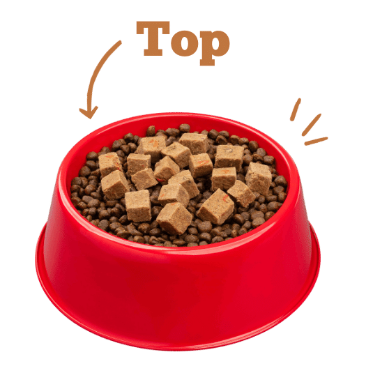 Bowl of dog food with rolled food on top. Text: Top
