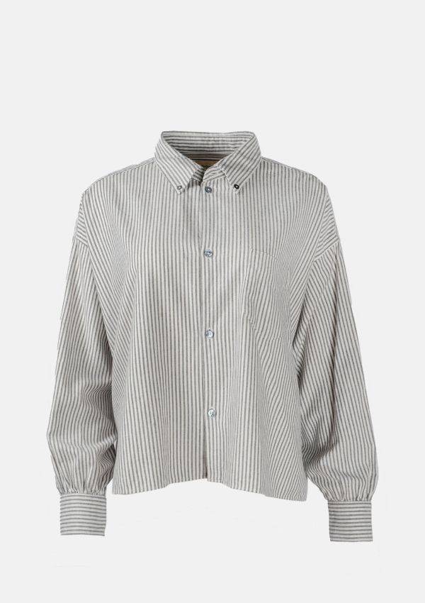 Product image of Bellerose Graff Shirt Stripe A. A long sleeved, white and grey stripe cropped and oversized design with button down collar and a patch front pocket.