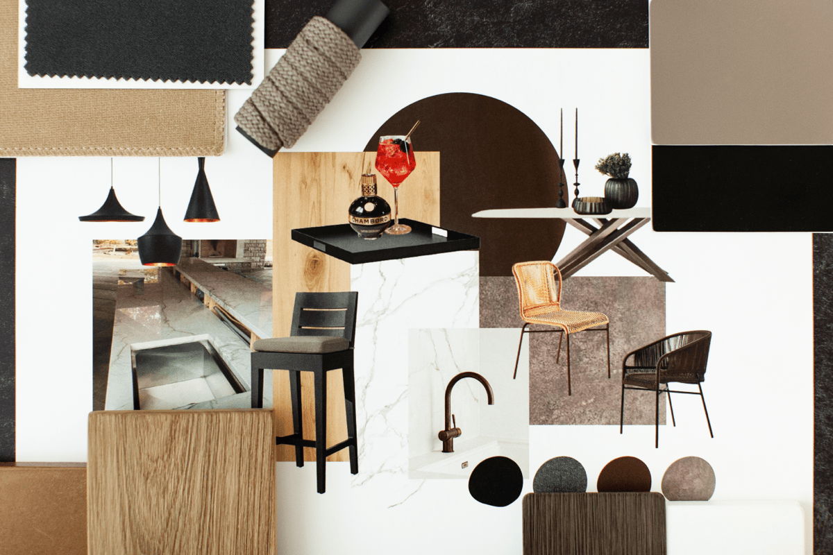 Outdoor furniture mood board with material swatches, rope detail, wood finishes, bar stools, dining chairs, lighting, and neutral color samples for patio design planning.