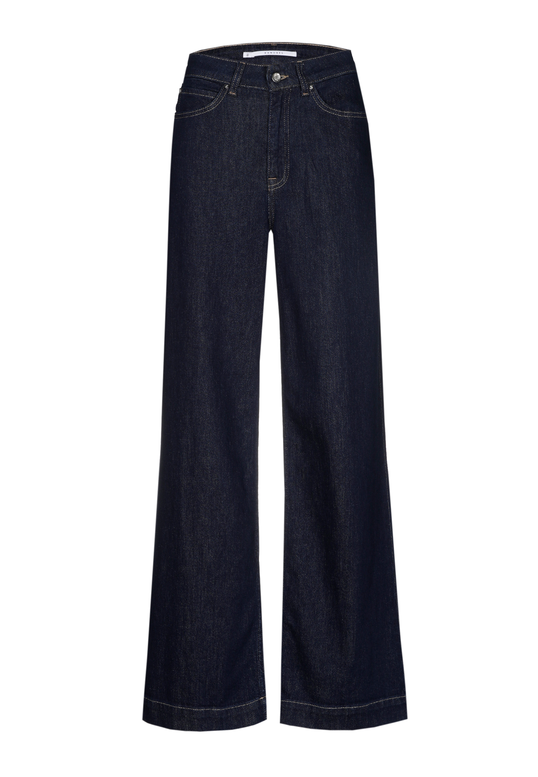Dark blue wide-leg jeans on a white background.