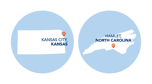 Map displaying Knit-Rite and Therafirm plants in Kansas City, KS and Hamlet, NC