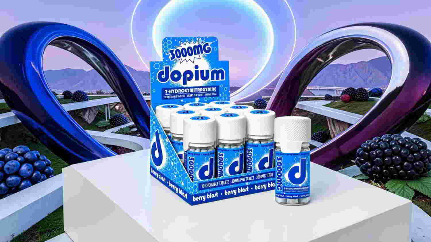 Display of Doplium bottles on a futuristic background.