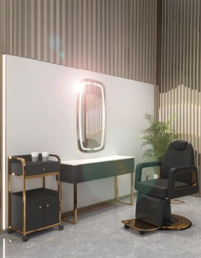 Modern salon interior with a mirror, chair, and styling cart.