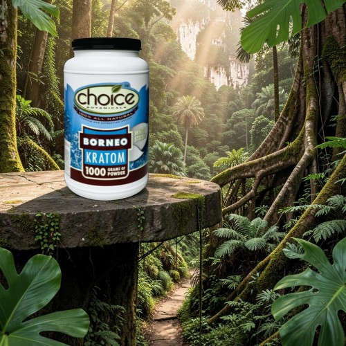 Container of Borneo Kratom on a wooden table in a forest setting.