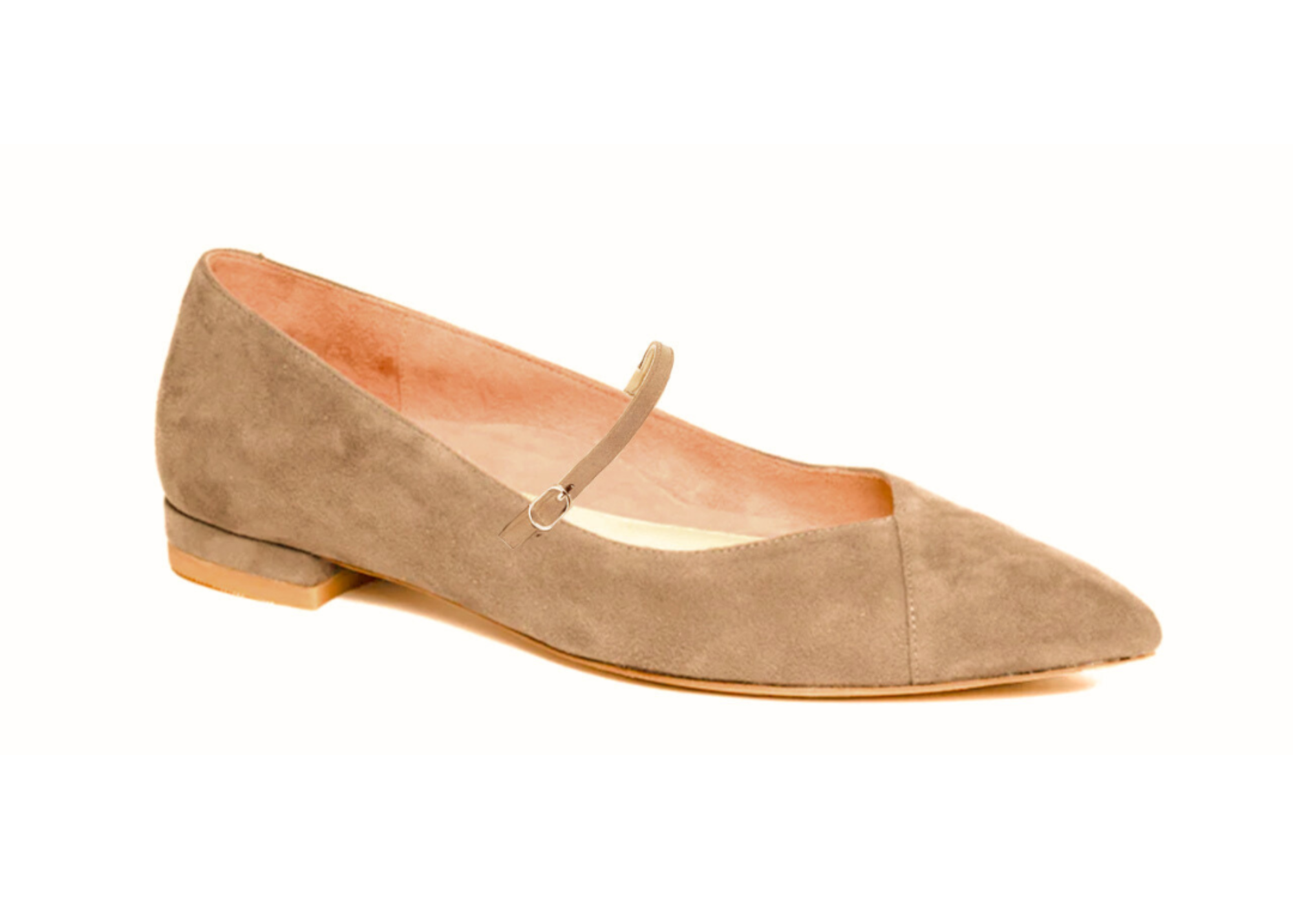 Tan suede flat shoe with a pointed toe and ankle strap.