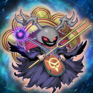 Yu-Gi-Oh! Blazing Dominion A dark sorcerer with antlers, wielding a staff and shield.