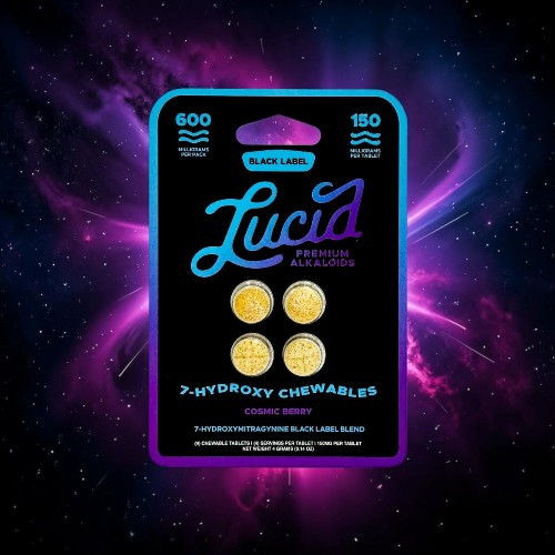 Lucía Hydroxy Chewables packaging with three tablets against a cosmic background.