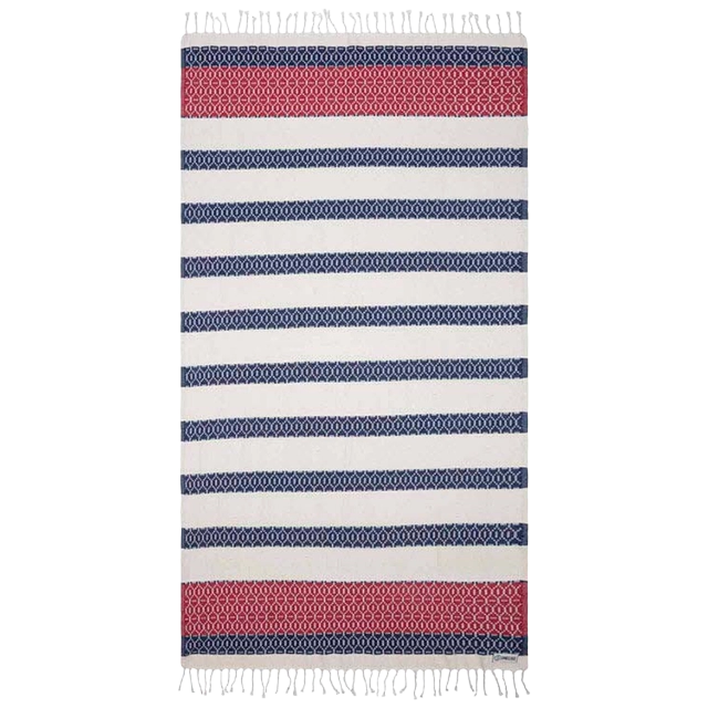 Striped fabric with red, navy, and white horizontal lines.