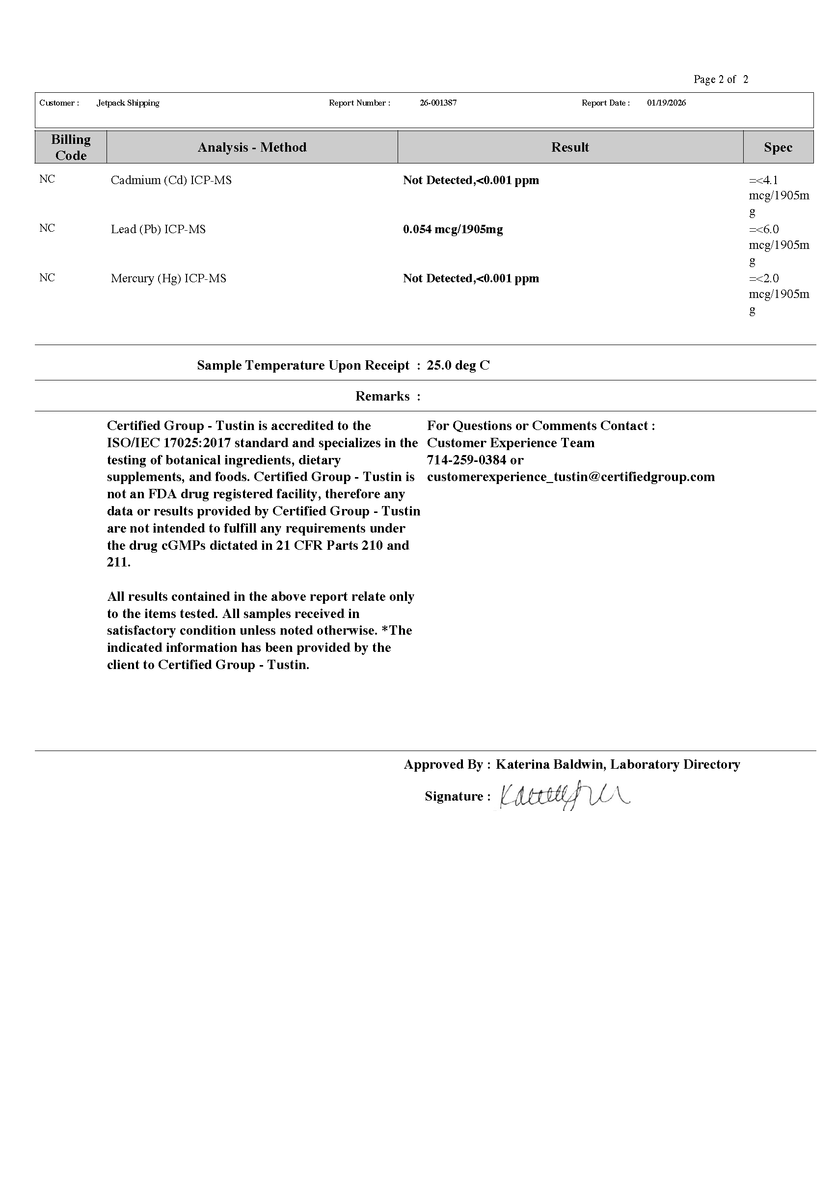 Third Party Testing Certificate of Analysis Page 2