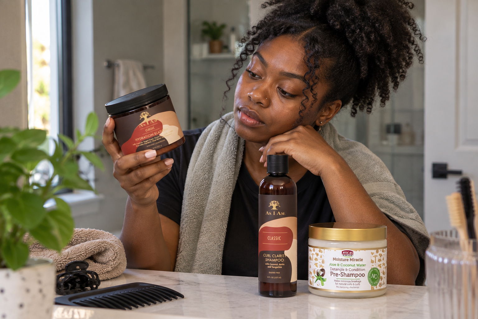 Person examining hair care products on a table with a plant nearby.
