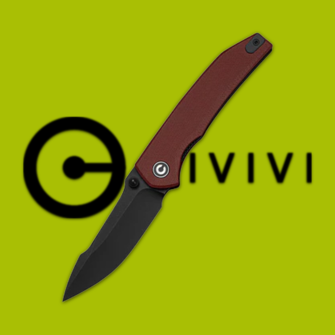 Folding knife with a red handle against a green background and logo.