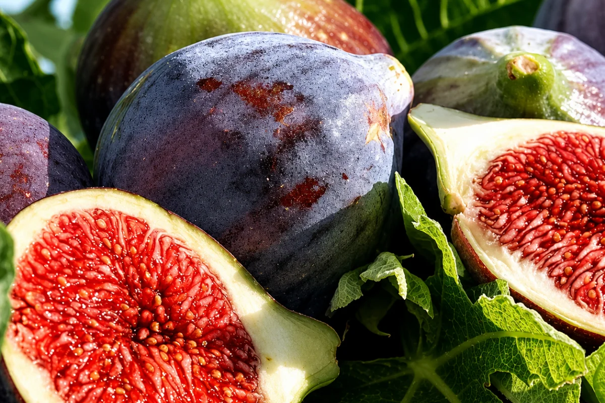 Ripe Black Mission figs with deep purple skin and vibrant red flesh growing in a Southern Arizona edible landscape garden.