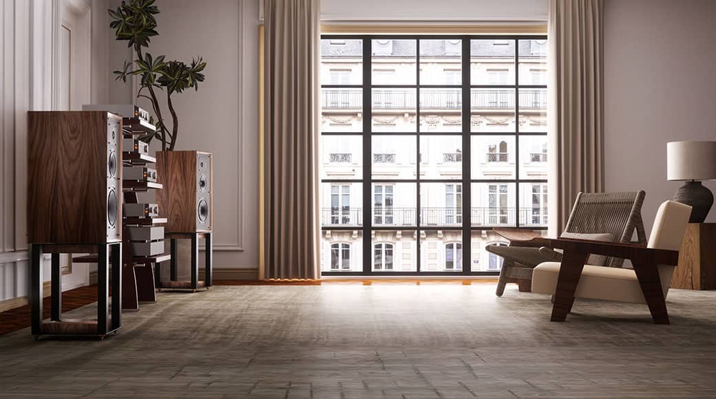 Modern living room with a large window, wooden furniture, and a potted plant.
