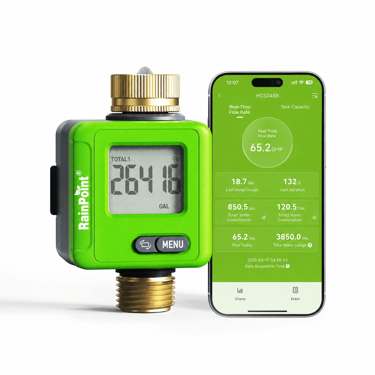 Digital water flow meter next to smartphone displaying usage statistics.
