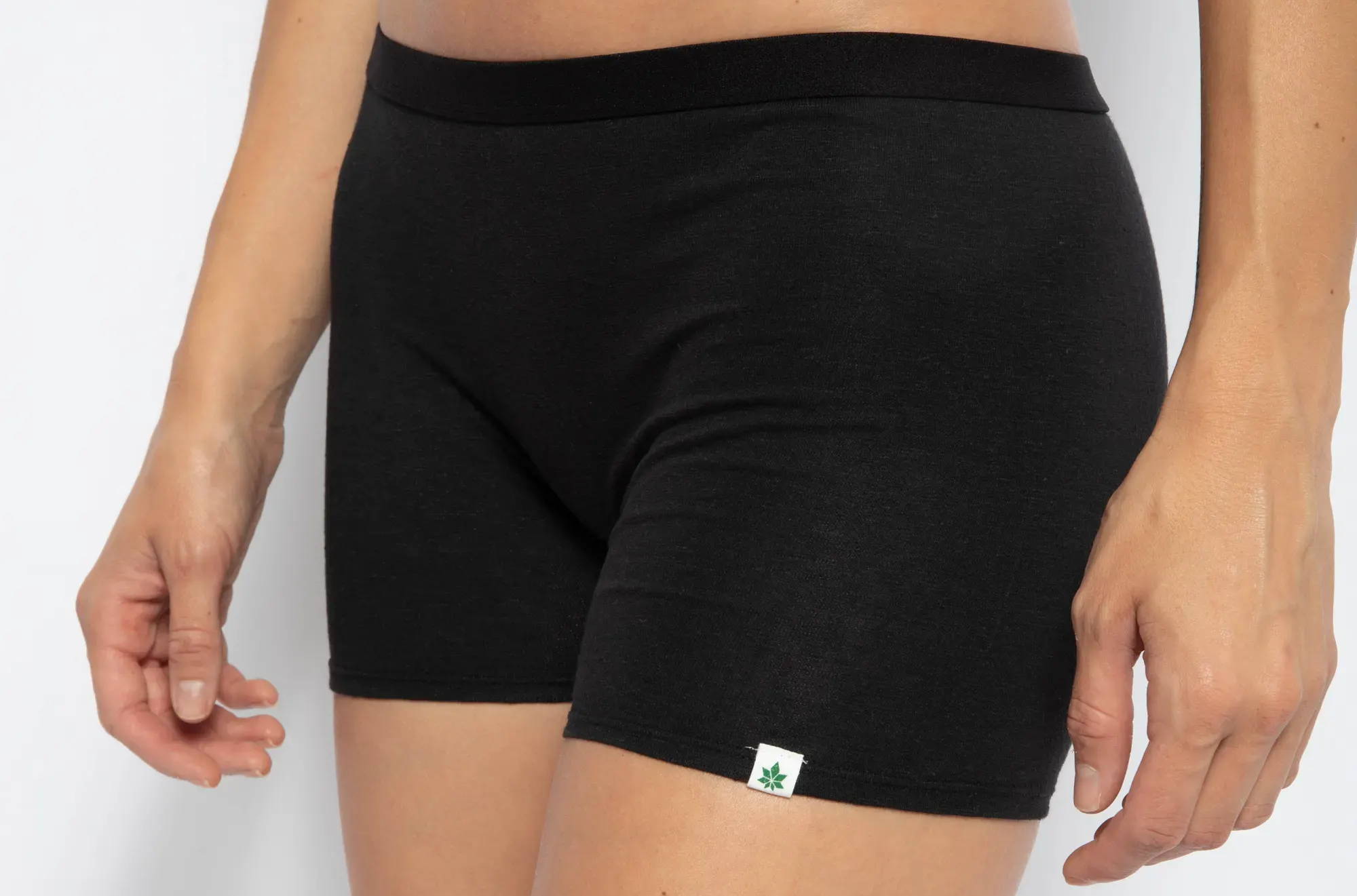 Close up of a women wearing WAMA Underwear Hemp Boy Shorts