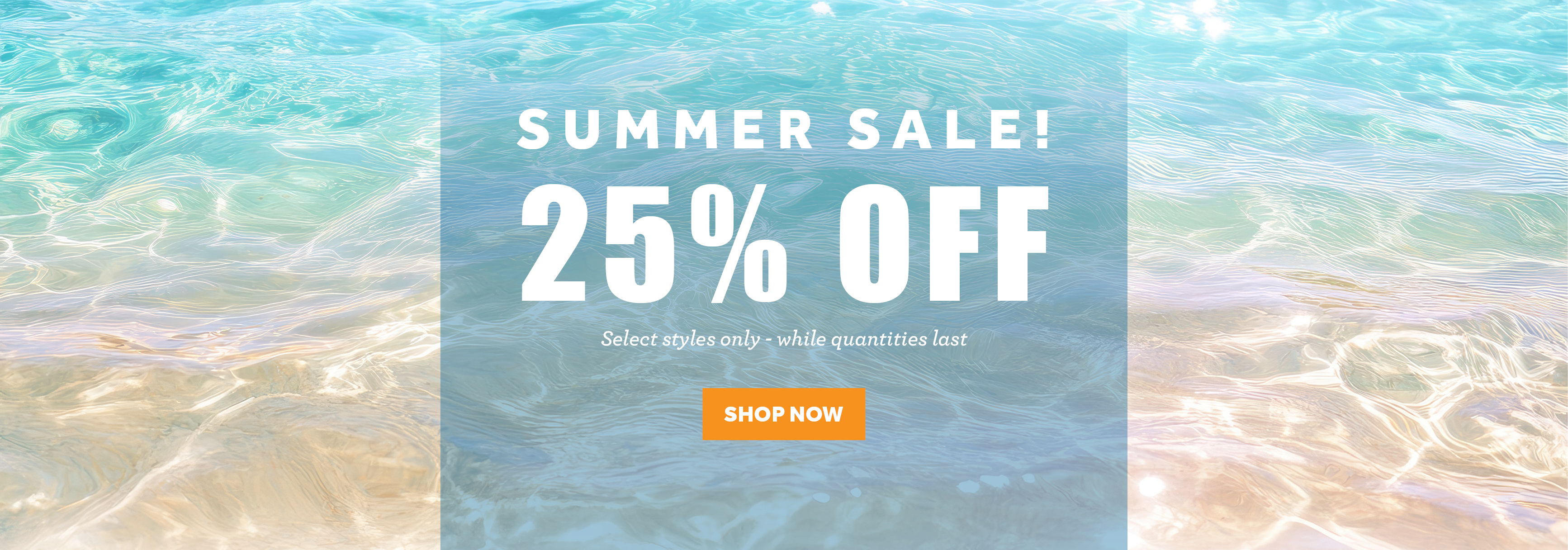 Summer sale 25% off with beach background.