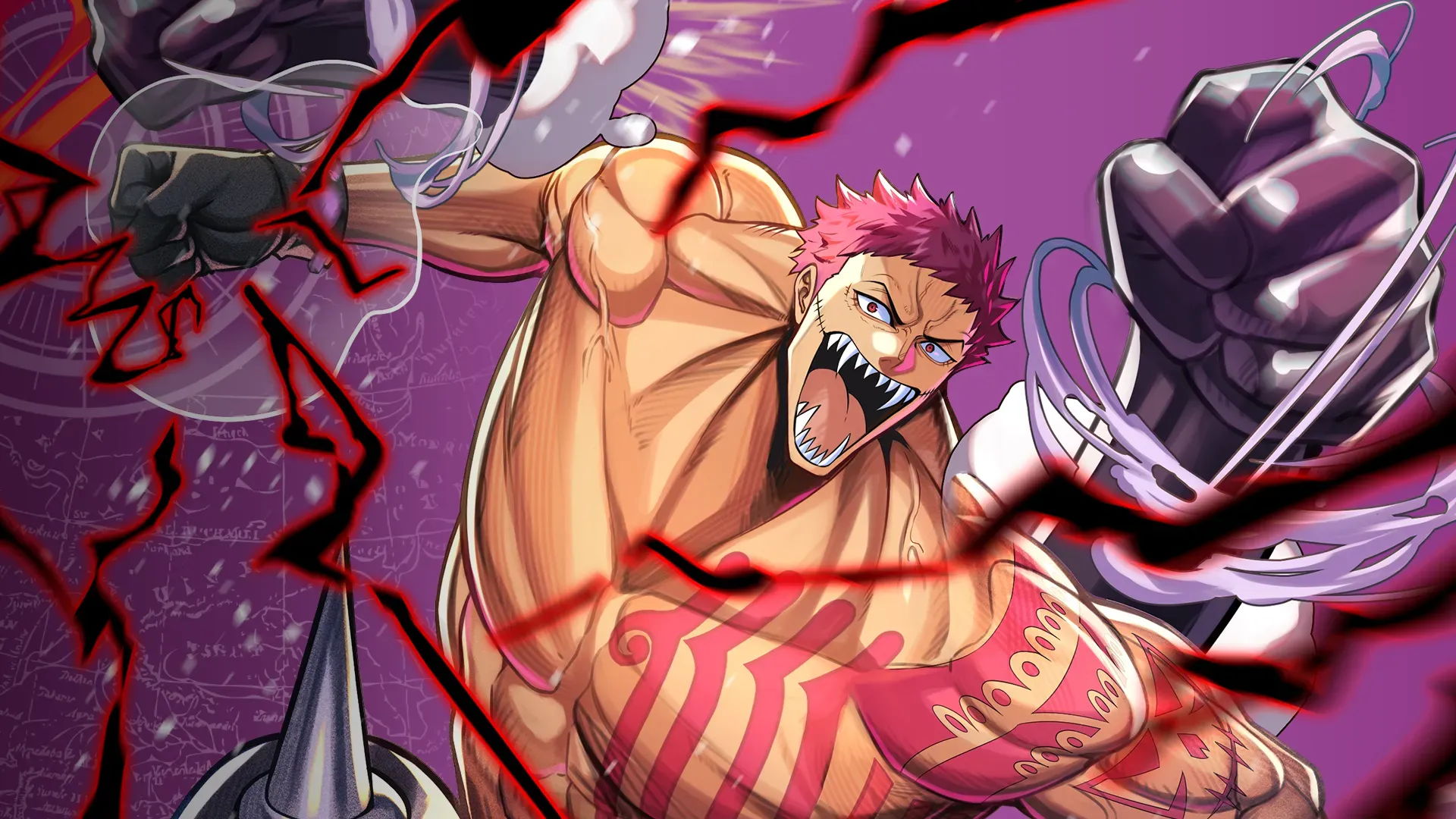 one piece card game rules - A muscular character with pink hair, striking an aggressive pose against a purple background.