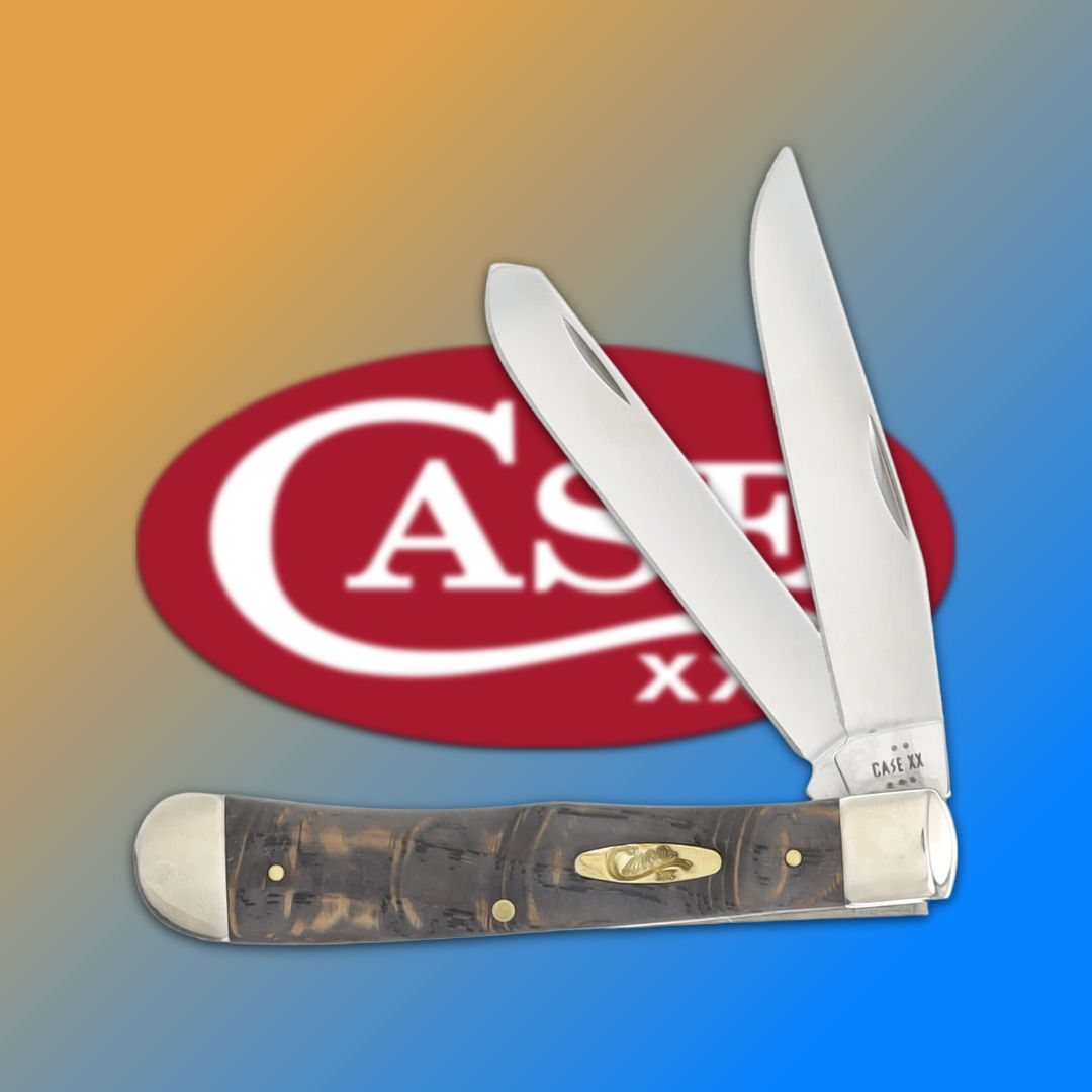 A folding knife with two blades and a Case logo background.