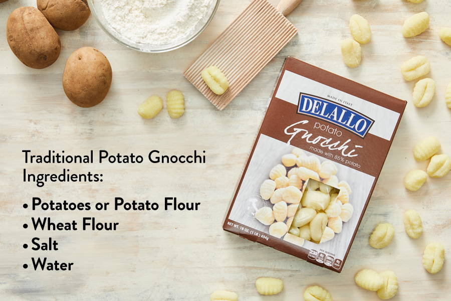 Image showing and listing ingredients in potato gnocchi. IMAGE TEXT: Traditional Potato Gnocchi Ingredients: Potatoes or Potato Flour, Wheat Flour, Salt, Water.