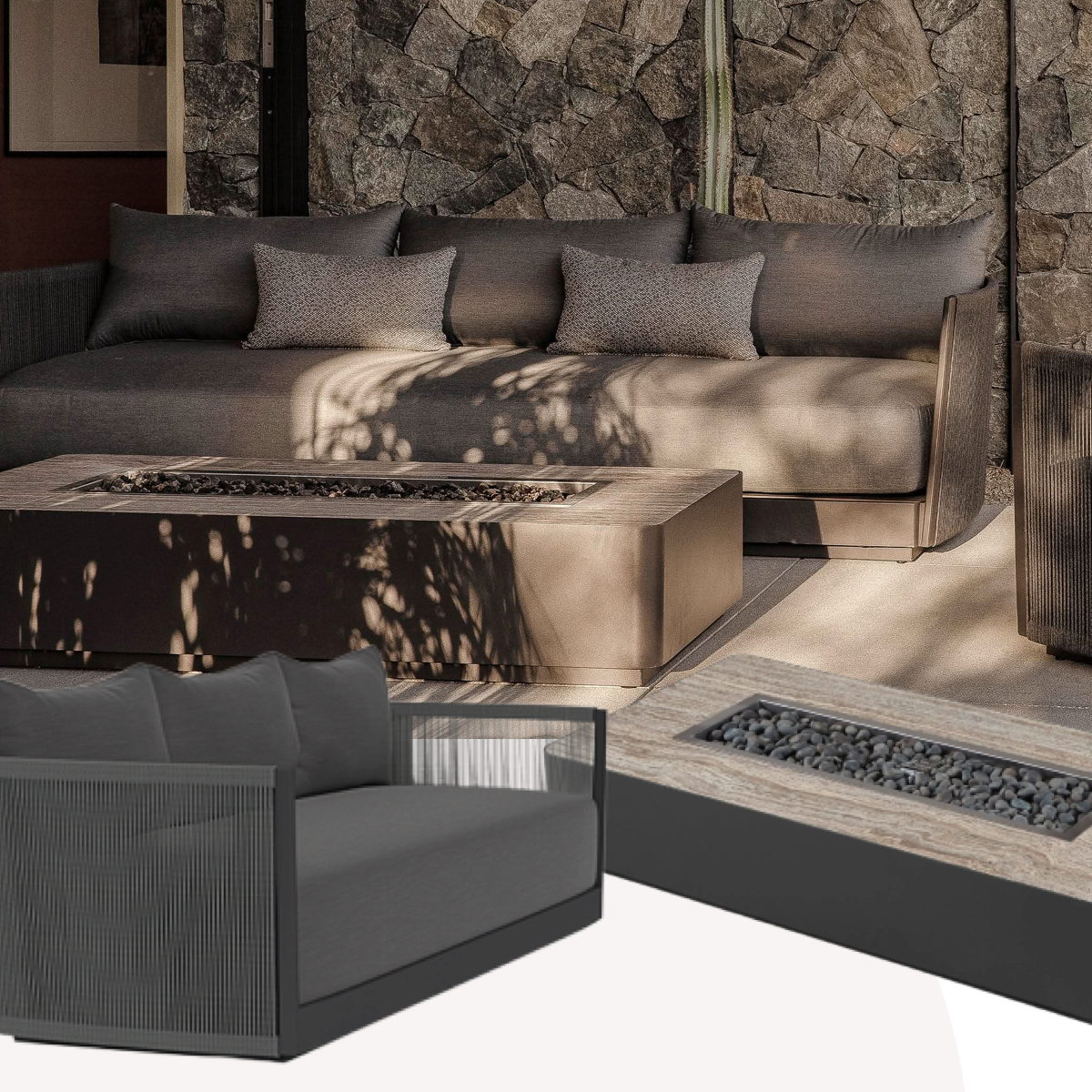 Woven frame grey outdoor couch with stone top fire pit against a stone wall with cactus.