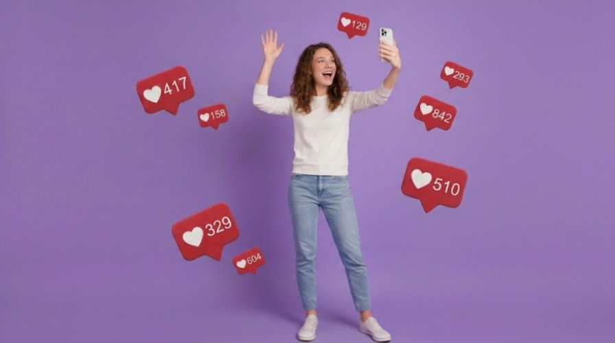 Person celebrating with social media notifications on a purple background.