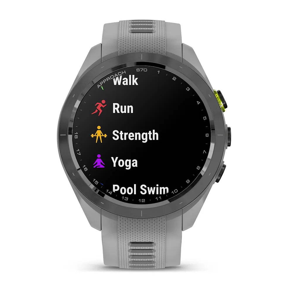 Gray Garmin Approach S70 golf GPS watch with activity profiles on the screen