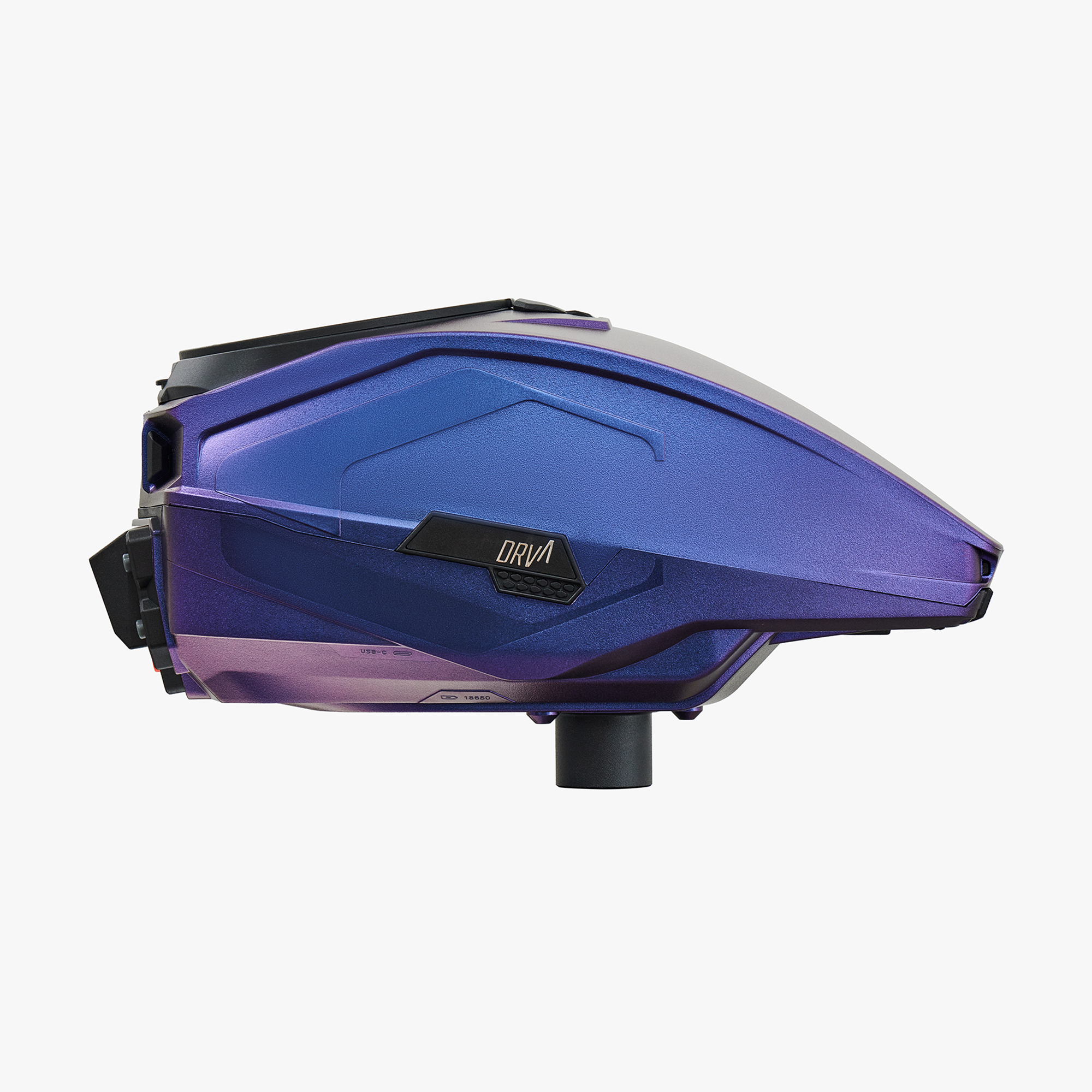 Blue and purple paintball hopper viewed from the side.