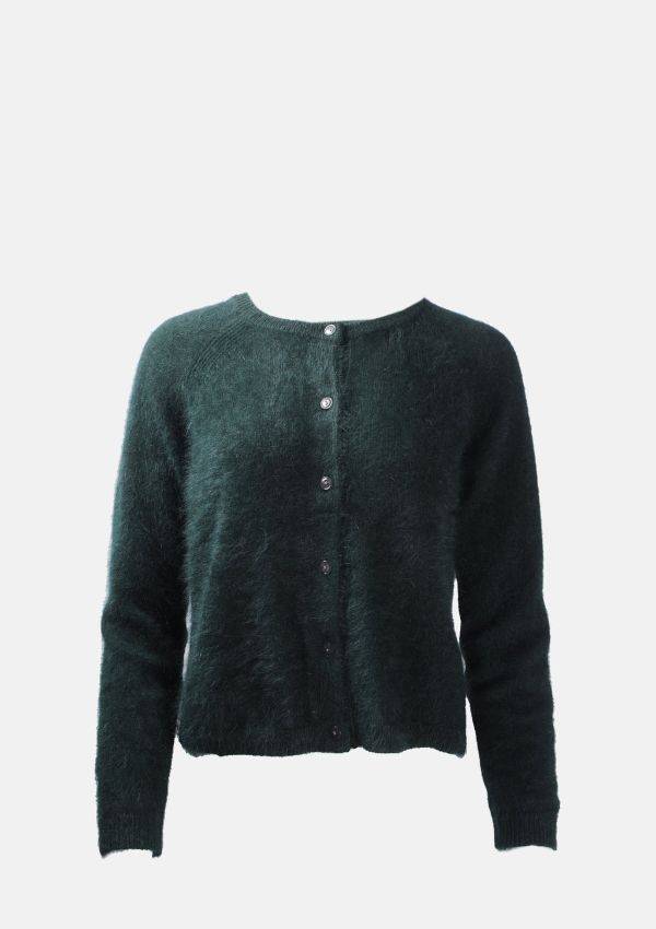 Product image of Bellerose Datair Knit Kombu cardigan in bottle green with long sleeves and six buttons down the front.