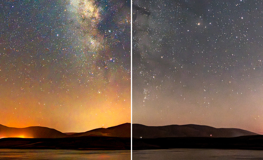 Split image comparing two night sky scenes with the Milky Way.