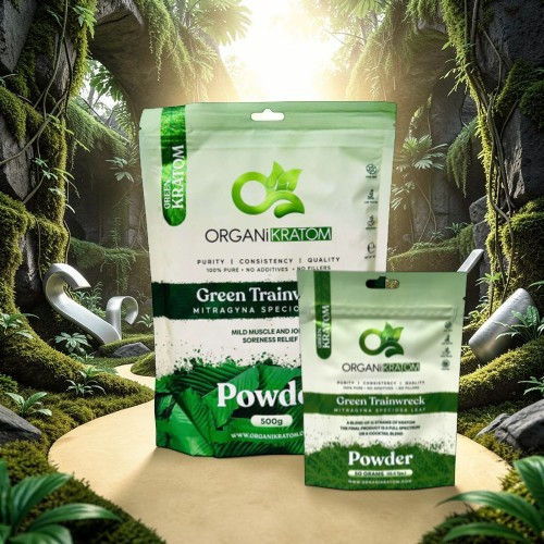 Packages of green powder supplements in a lush, natural setting.