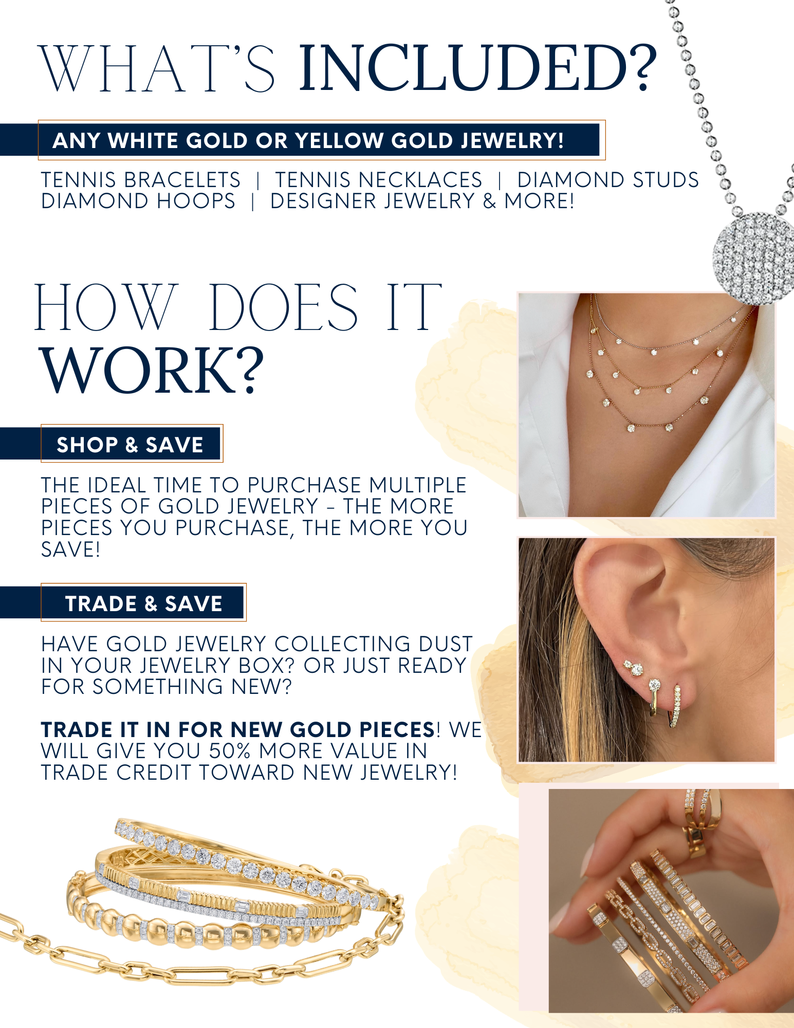 Jewelry promotional flyer detailing shopping and trade-in options.