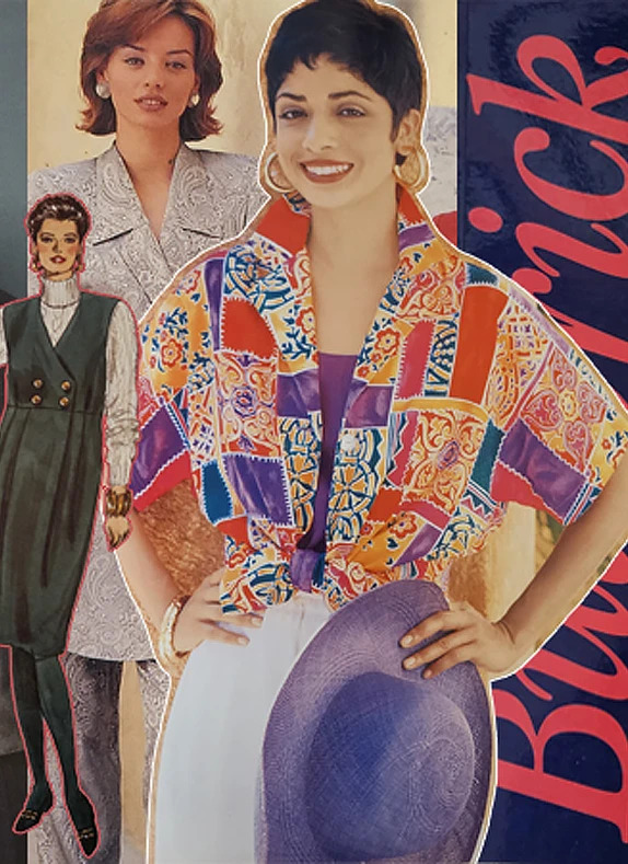 Fashion collage featuring three women in colorful outfits and accessories.