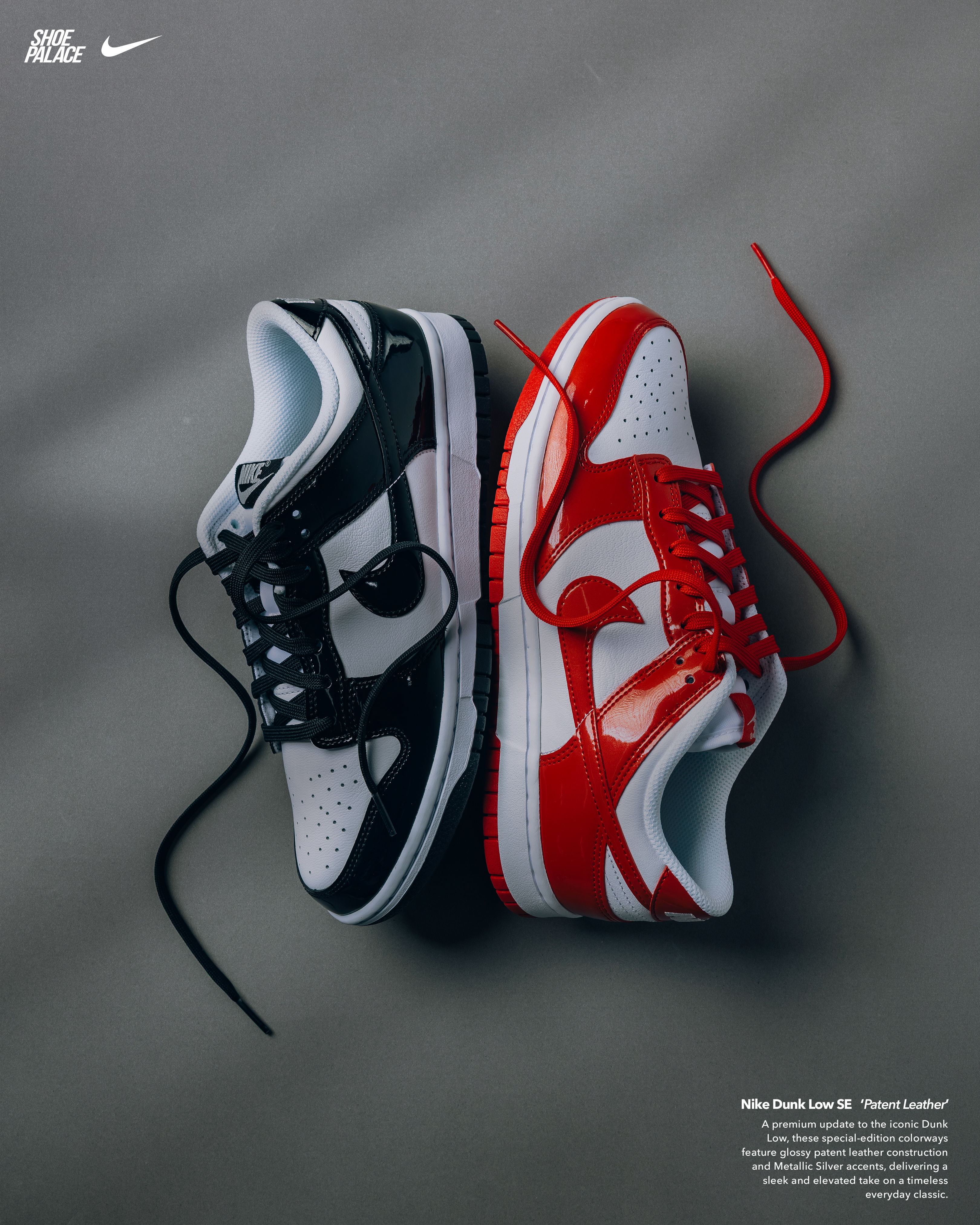Nike sneakers in black and red colorways, displayed on a gray background.
