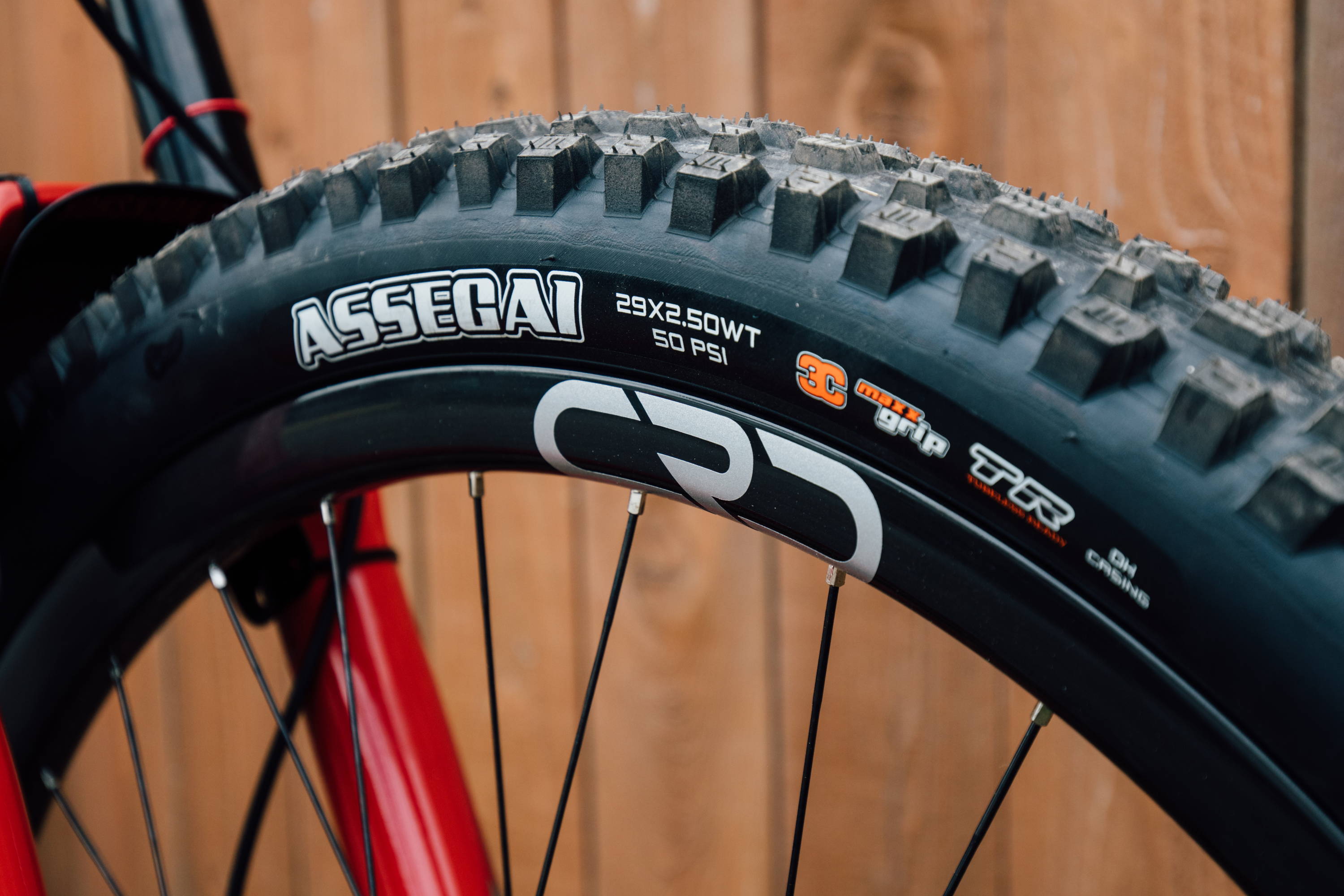 detail of maxxis assegai mountain bike tire