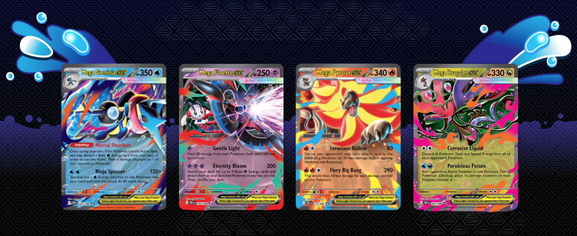 Pokémon Chaos Rising Pull Rates Four colorful trading cards displayed against a dark, abstract background.