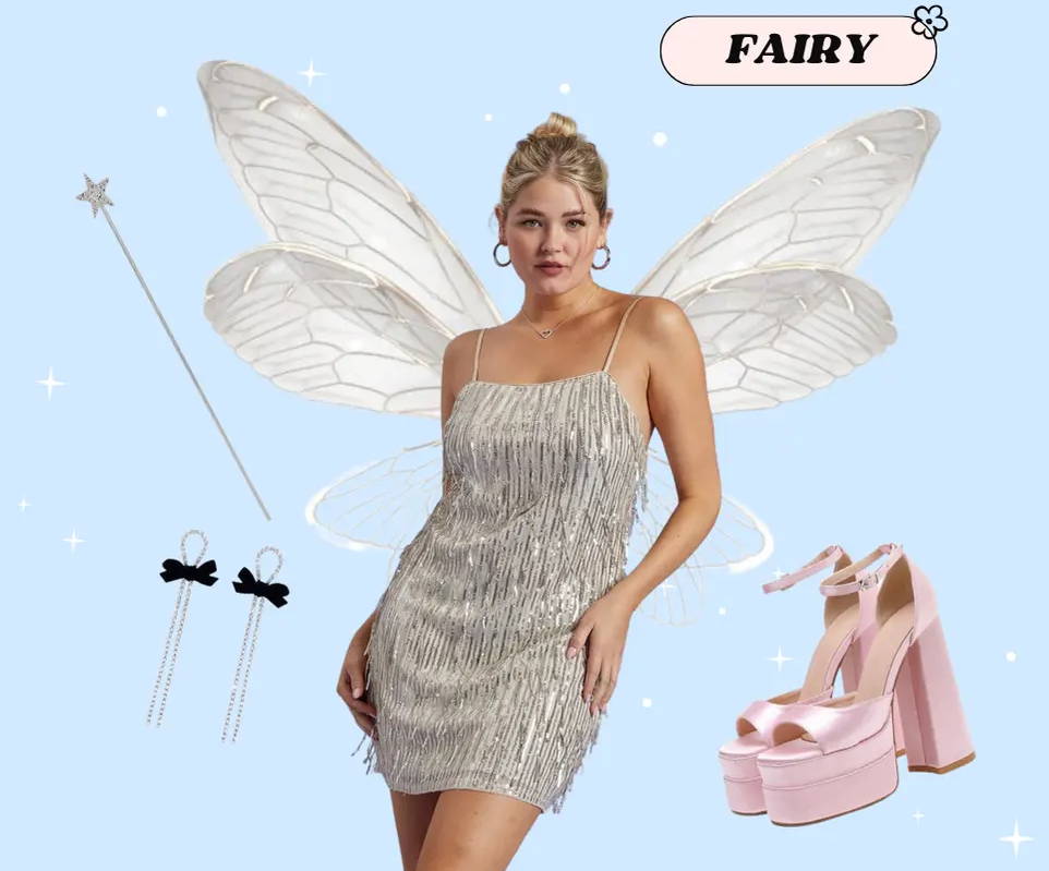 Fairy costume inspiration, wings, wand, sparkle dust, and Trixxi sequin fringe silver mini dress.