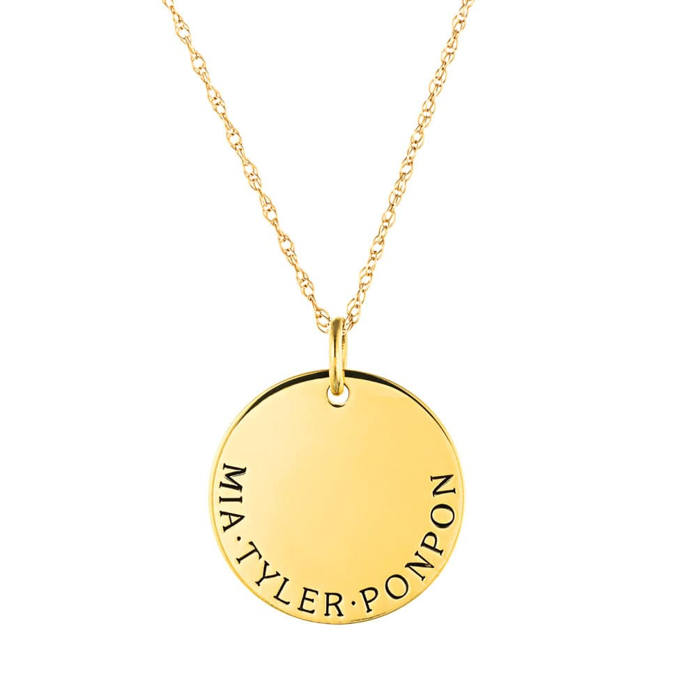 multi name engravable disc necklace featuring recycled yellow gold metal by MiaDonna