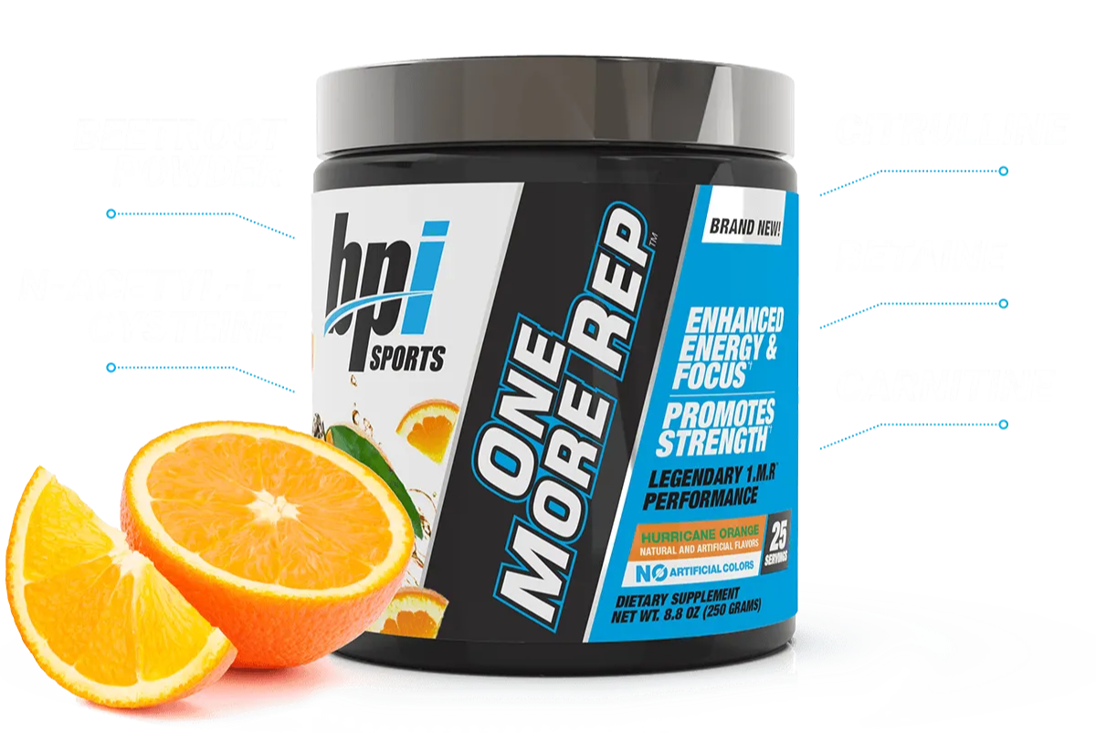 Container of One More Rep with benefits and photo of an orange
