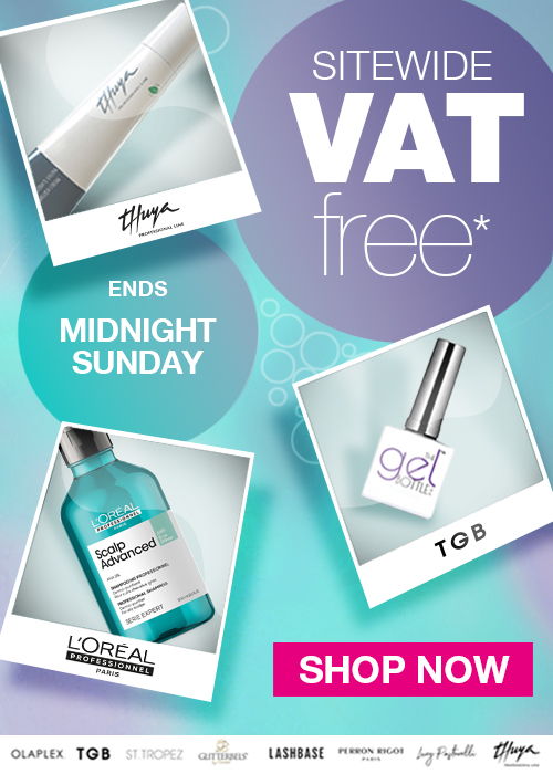 Promotional image for VAT-free sale ending Sunday, featuring beauty products.