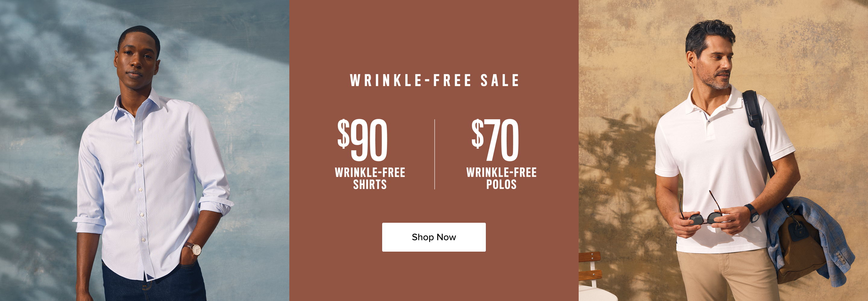 Men's fashion sale featuring two models and discounted prices.
