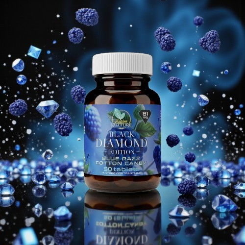 Bottle of dietary supplement surrounded by blue gems and glowing particles.