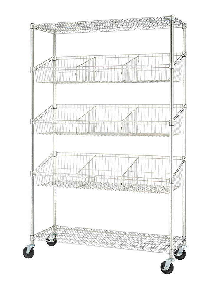 Photo of the 5-tier wire shelf with baskets and dividers on wheels