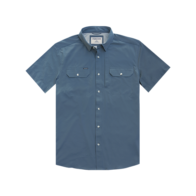 Short-sleeve blue button-up shirt with two chest pockets.