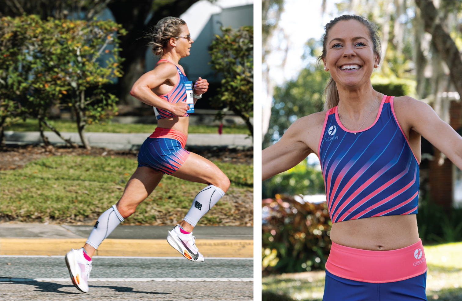 Left: Molly Bookmyer racing the Olympic Marathon Trials. Right: Portrait of Molly smiling in her Oiselle uniform