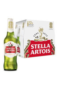 Bottle of Stella Artois beer next to a 12-pack box.
