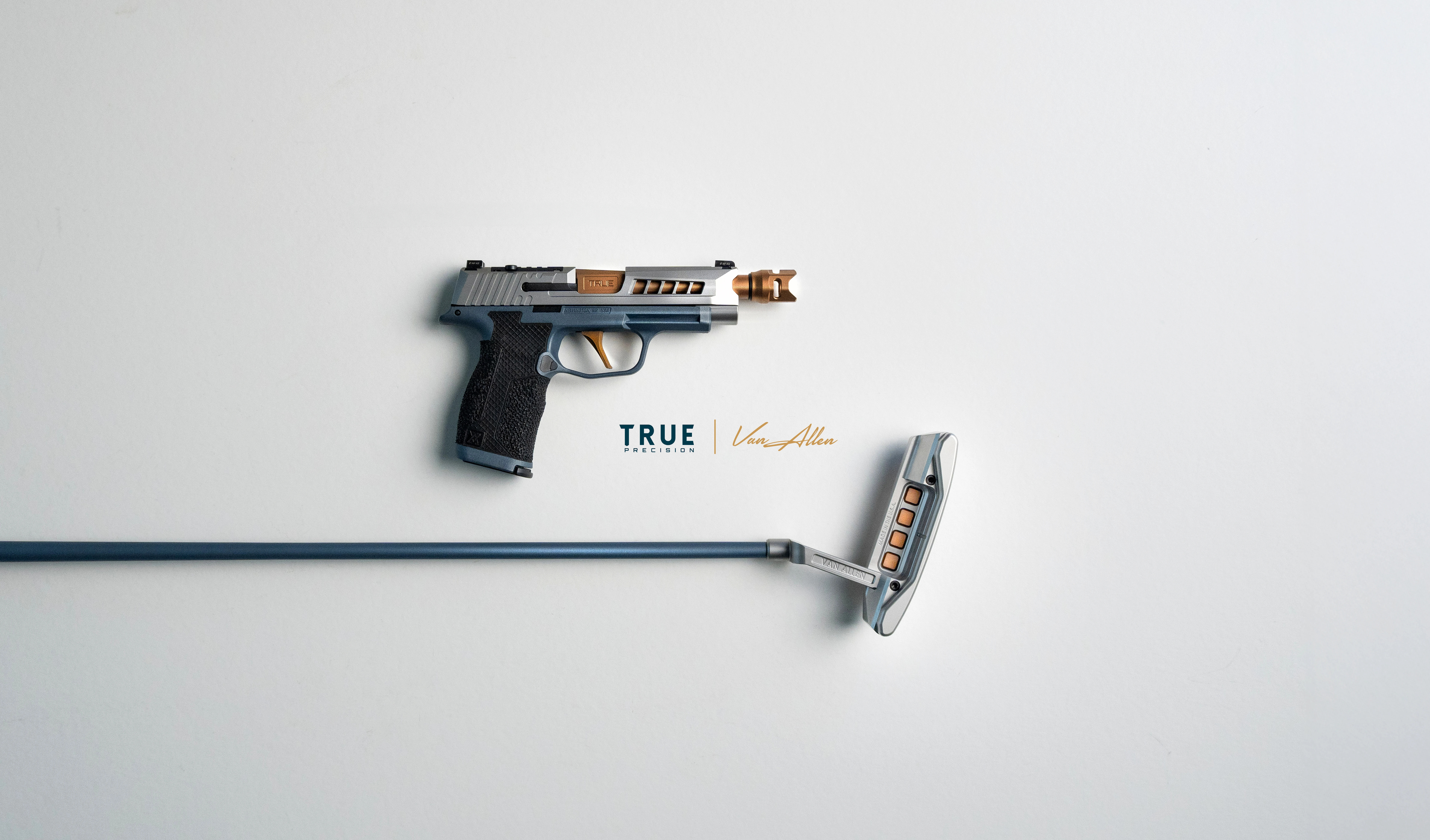Van Allen Archie Putter, and True Precision Sig P365XL matching colors, laying on a grey background. With the Van Allen and True Precision logo in the center