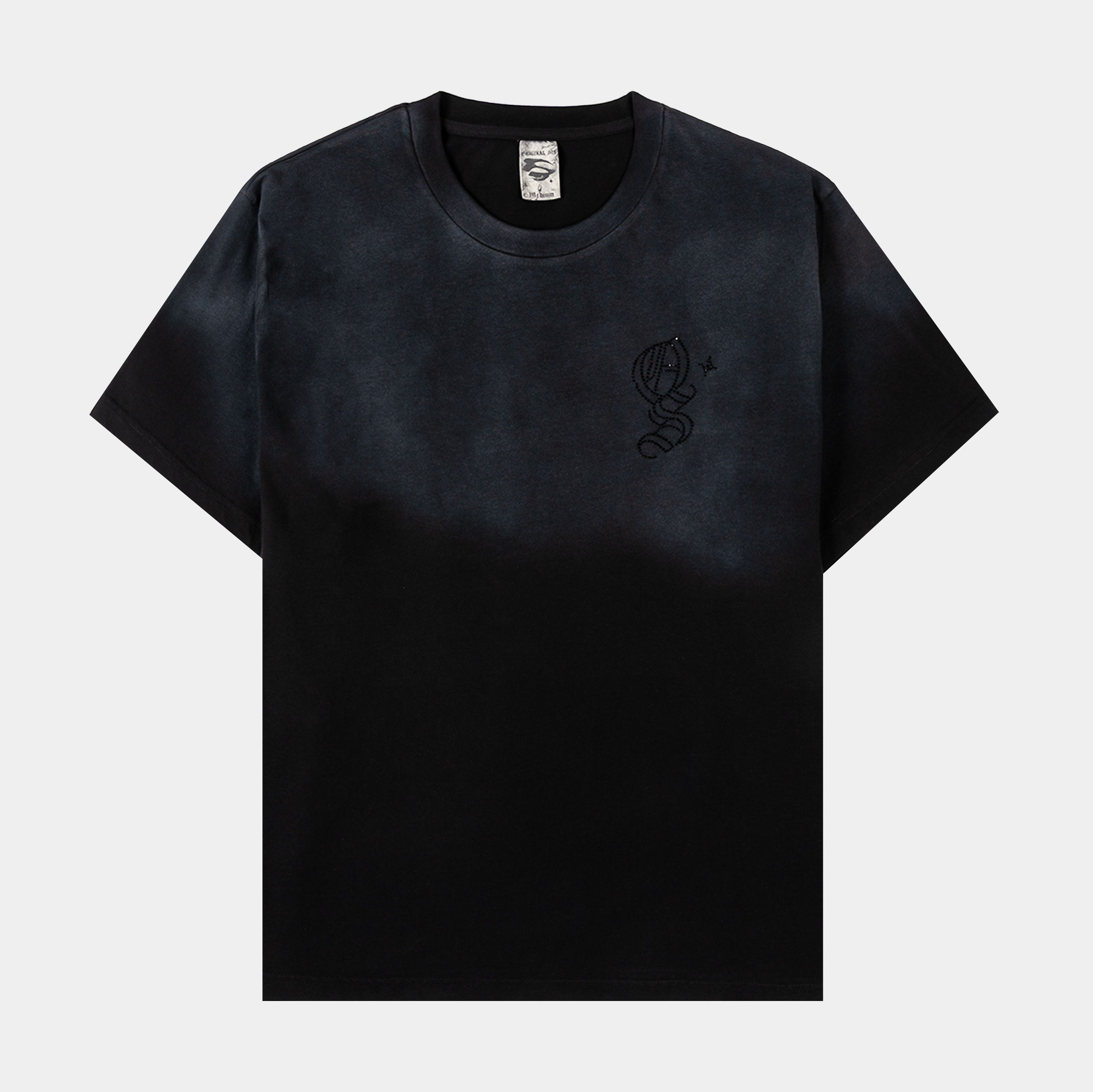 Black gradient t-shirt with a logo on the chest.