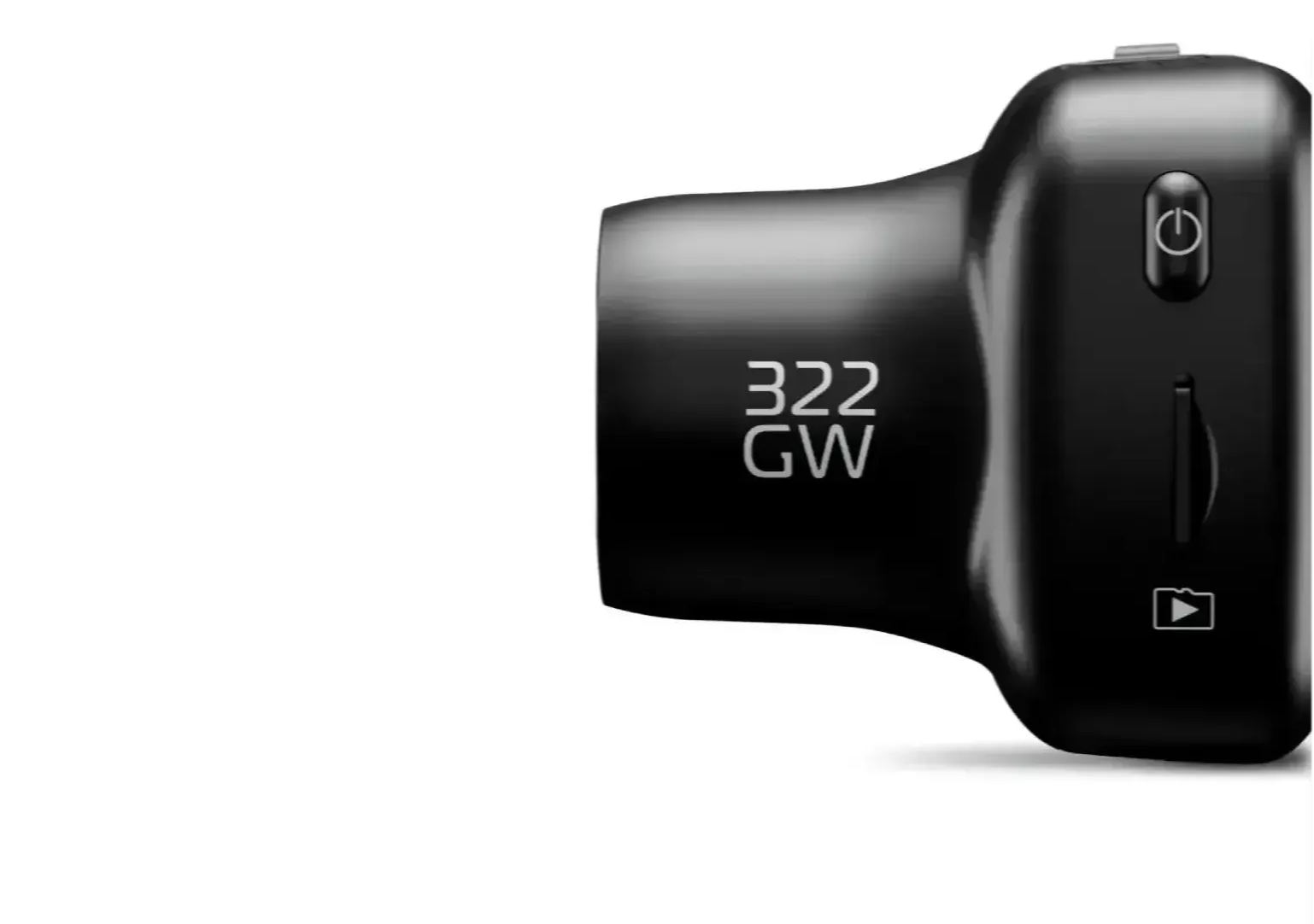 Close-up of a black camera with model number 322 GW.